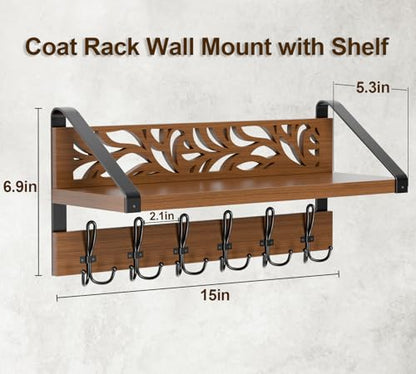 WGFKVAS 2 in 1 Coat Rack Wall Mount with Shelf | 6-Double Hook Wall Hooks with Shelf, Rustic Brown 15" Wood Organizer for Entryway, Living Room, Bedroom, Hallway