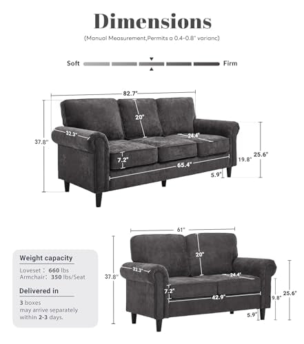 Loveseat 2 & 3 Seater Couch with Chair, Mid Century Modern Chenille Sofa Set with Rolled Arms and Deep Seats, Fluffy Comfort for Living Room, Apartment, Easy Assembly, Grey - color: Grey, size: Chenille Standard + Loveseat