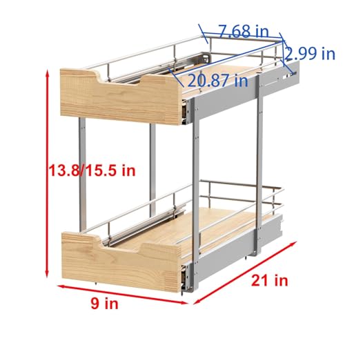 Sikarou Pull Out Cabinet Organizer,Heavy-Duty Slide Out Shelf, Wood and Wire Basket, Pull Out Drawer for for Kitchen Under Sink Space, Pantry, Bathroom, 2 Tie 9 * 21 in - size: 2-TIE 9*21 WM