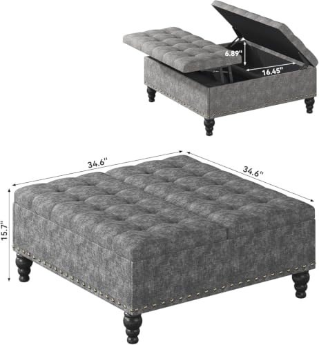 35" Ottoman Coffee Table, Storage Ottoman, Gray | Tufted Upholstered Coffee Table with Lift Top & Solid Wood Legs, Living Room