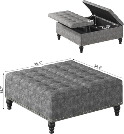 35" Ottoman Coffee Table, Storage Ottoman, Gray | Tufted Upholstered Coffee Table with Lift Top & Solid Wood Legs, Living Room