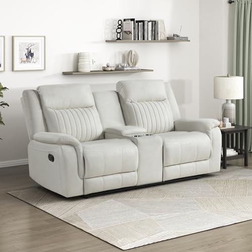 Lexicon 75" W Manual Double Reclining Loveseat with Center Console, Beige | Polished Microfiber Manual Wall Hugger Loveseat Recliner, Cup Holders, for Living Room, Tool Free Assembly - color: Beige, size: Reclining Loveseat