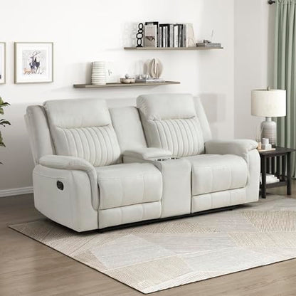 Lexicon 75" W Manual Double Reclining Loveseat with Center Console, Beige | Polished Microfiber Manual Wall Hugger Loveseat Recliner, Cup Holders, for Living Room, Tool Free Assembly - color: Beige, size: Reclining Loveseat