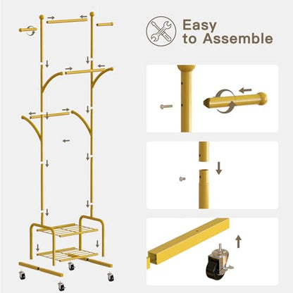 Rolling Clothes Rack with 2 Shelves, Small Gold Clothing Rack with Wheels | Gasvadivum 71" Tall Sturdy Metal Garment Rack with 3 Hanging Rods, Freestanding Portable Coat Rack for Bedroom, Entryway - color: Gold