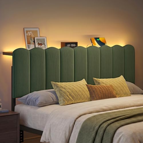 Queen LED Light Headboard with Storage Shelf, Olive Green | RGB LED 20 colors 21 modes, remote control, scalloped tufted, USB-A & Type-C ports, storage shelf, adjustable, foam padded - color: Olive Green, size: Queen