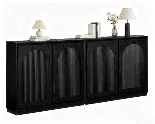 Narrow Sideboard Buffet;Solid Wood Veneer Storage Cabinet,2-Piece | Solid Wood Veneer;39"L*9.3"W*32.1"H;Arched Thin Cabinet for Small Spaces;Mid Century Modern Credenza Storage Cabinet,Black - color: A-black, size: 2 Pieces