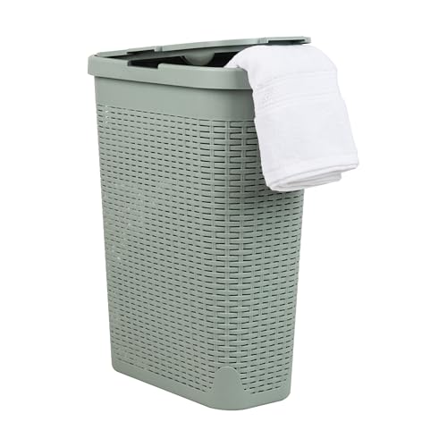 Mind Reader Slim Laundry Hamper with Lid, 40L Clothes Basket, Narrow Tapered Design with Ventilated Cutout Pattern, Plastic, Mint - color: Mint, size: Single