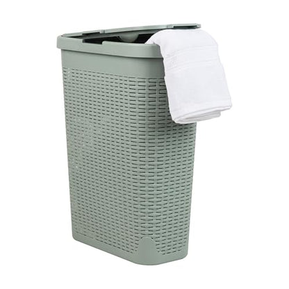Mind Reader Slim Laundry Hamper with Lid, 40L Clothes Basket, Narrow Tapered Design with Ventilated Cutout Pattern, Plastic, Mint - color: Mint, size: Single