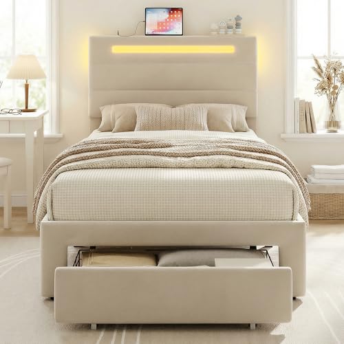 LIKIMIO Twin Bed Frames with Storage Drawer, Lights & Charging Station | Upholstered Modern Platform Bed, Twin Bed Frame with Headboard, No Box Spring Needed, Easy Assembly, Noise-Free, White - size: Twin