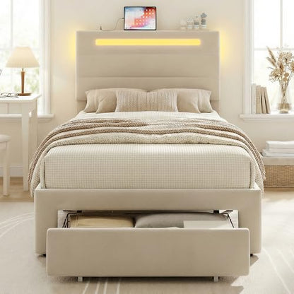 LIKIMIO Twin Bed Frames with Storage Drawer, Lights & Charging Station | Upholstered Modern Platform Bed, Twin Bed Frame with Headboard, No Box Spring Needed, Easy Assembly, Noise-Free, White - size: Twin