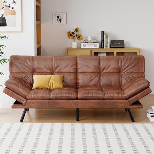 Futon Sofa Bed Convertible Couch, Brown Faux Leather Sofa Bed | Adjustable Backrest & Armrests, Multifunctional Small Loveseat Sleeper Sofa for Living Room, Apartment, Office, Foam Couch - color: A4 | Brown