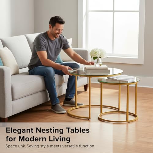 Round Nesting Coffee Table Set of 2, Glass Stacking Minimalist End Table | Modern Marble Pattern Wooden Nesting Tables for Living Room Bedroom Small Space, Clear Tempered Glass and Gold Leg - color: Glass & Gold