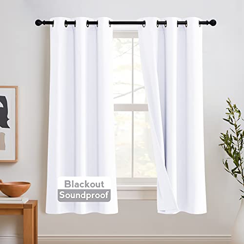 RYB HOME Soundproof Curtains 63 inches, 3 Layers 100% Blackout Curtains | Noise Reducing, Thermal Insulated, With Detachable Felt Liner, For Nursery Bedroom Kids Room, W42 x L63, Pure White, 2 Panels - color: Pure White, size: 42"W x 63"L (Pack of 2)