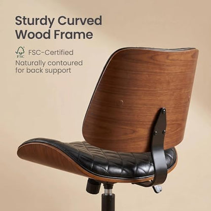 Furnimart Wooden Armless Desk Chair with Wheels, 360° Swivel Faux Leather Vanity Chair for Bedroom, Small Office Computer Task Chair for Home & Compact Spaces (PU Black) - color: Pu-black