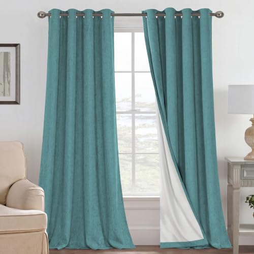 H.VERSAILTEX Blackout Curtains Linen Curtains 120 inches Long 100% Black Out Curtains for Bedroom Windows, Textured Linen Look Draperies Grommet with White Liner, 2 Panels, Teal - color: Teal, size: 52"W x 120"L (Pack of 2)
