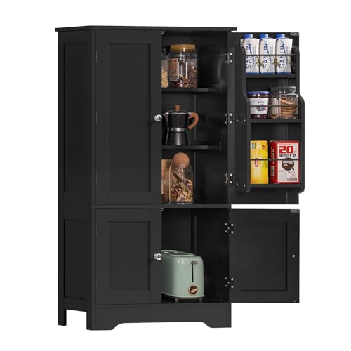 Storage Cabinet with 4 Doors, Kitchen Cabinet with 6 Door Shelves | Kitchen Pantry Cabinet with Adjustable Shelves, for Living Room, Dining Room, Bathroom, Black - color: Black-1