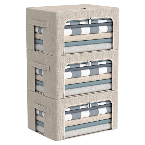 CYhom 3Pack Foldable Storage Bins - Frame Storage Box Linen Fabric Stackable Clothes Container Organizer with Clear Window & Carry Handles Large Capacity (Small-22L, Beige) - color: Beige, size: Small-22L