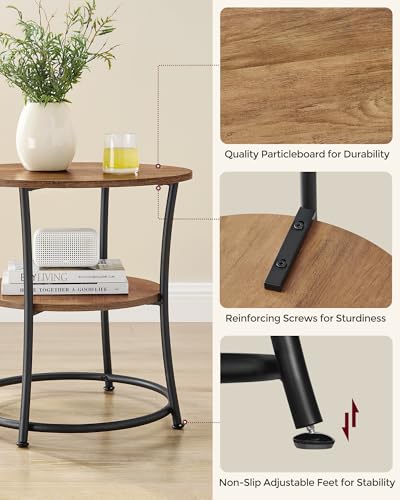VASAGLE 21.7-Inch Round Side Table, 2-Tier End Table | Nightstand with Steel Frame, Spacious Top, for Small Spaces, Living Room, Bedroom, Honey Brown and Ink Black ULET056B41 - color: Honey Brown + Ink Black, style: Without Power Strip