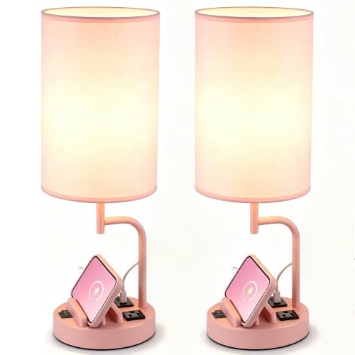 Dreamholder 2 Pack Table Lamp, Bedside Lamp with 3 USB Charging Ports & AC Outlet, USB Desk Lamp with 2 Phone Holders, Linen Fabric Shade Nightstand Lamps for Bedroom Living Room Office, Pink - color: Pink