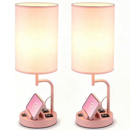 Dreamholder 2 Pack Table Lamp, Bedside Lamp with 3 USB Charging Ports & AC Outlet, USB Desk Lamp with 2 Phone Holders, Linen Fabric Shade Nightstand Lamps for Bedroom Living Room Office, Pink - color: Pink