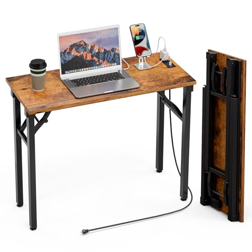 TEMI Small Computer Desk Folding Table - No Assembly, Compact 35.8" Foldable Desk with Power Outlets & USB Charging Port, Portable Small Office Desk, Ideal Mini Study Table for Narrow Spaces, Brown - color: Rustic Brown, size: 35.8 Inch, style: With Power