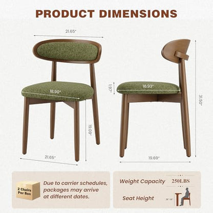 Dining Chairs Set of 2, Upholstered Dining Room Chairs with Solid Wood Legs | Mid Century Modern Dining Chairs, Fabric Kitchen Chairs with Ergonomic Curved Backrest for Dining Room, Vanity, Green - color: Green, size: Set of 2