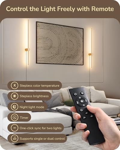 EDISHINE Plug in Wall Sconces, Stepless 2700K-6000K Dimmable Wall Sconce Set of Two, 39.4" Touch LED Wall Light with Remote, 350° Rotation Night Light with Timer for Living Room Bedroom Hallway