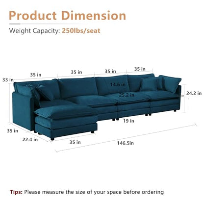 Modular Sectional Sofa, 146.5 Inch L Shaped Couch Set for Living Room, 4-Seater Comfy Cloud Couches with Movable Ottoman, DIY Combination, Chenille, Blue - color: Blue, size: 146.5 Inch- L