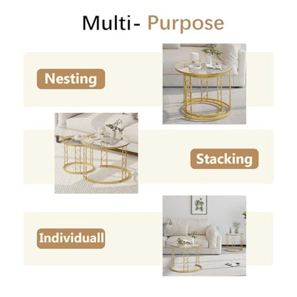 Nesting Coffee Table, 23.6" Round Coffee Table Set of 2, Glass Nesting Table with Metal Frame, Ceter Tables for Living Room Bedroom Balcony, Gold - color: Glass and Gold