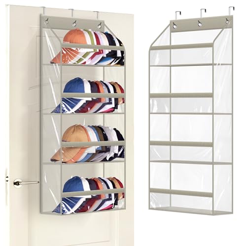 AOODA Clear Over the Door Hat Racks for Baseball Caps, Hold 48 Caps Hat Storage Organizer for Closet Wall, Deep Pockets Hanging Snapback Holder Shelves with 3 Hooks, Grey - color: Grey, size: 36.2"