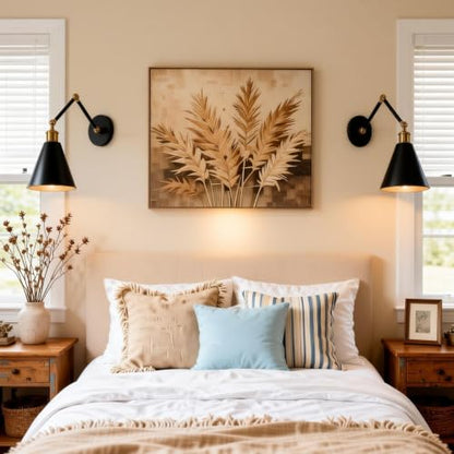 Swing Arm Wall Sconce Black Gold, 7" Metal Cone Shade | Farmhouse Wall Light, Adjustable Dual-Joint Arm, Industrial Wall Lamp, Antique Brass Accents for Bedroom Reading Living Room