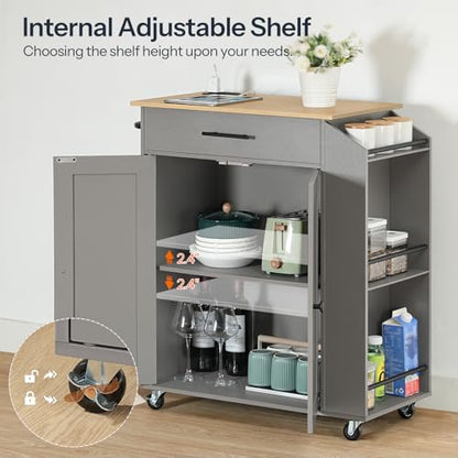 HOOBRO Kitchen Island with Power Outlet, Storage Island with Spice Rack and Drawer, Rolling Kitchen Cart on Wheels, for Home, Dining Room, Natural and Gray GN82UZD01 - color: Natural + Gray
