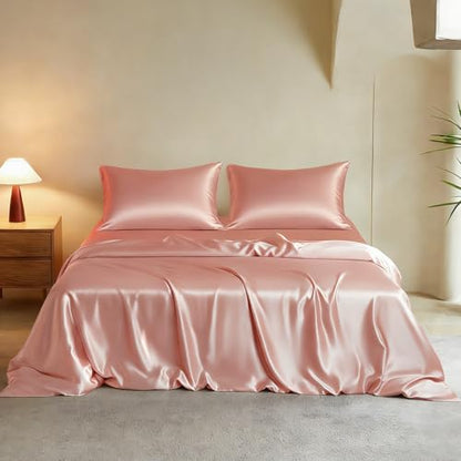 THXSILK Luxury King Silk Duvet Cover Set 3 Pieces, Extra Soft, Breathable & Cooling Bedding Set, Machine Washable & Durable, 1 Duvet Cover & 2 Pillowcases with Zipper Closure(Charming Pink) - color: Charming Pink, size: King (3 pcs)