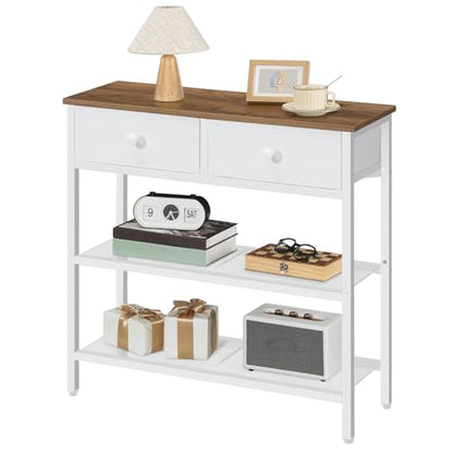 HOOBRO 29.5" Narrow Console Table with 2 Fabric Drawers, Sofa Table, Small Entryway Table with 3-Tier Storage Shelves, Behind Couch Table, for Living Room, Hallway, Walnut and White WH72XG01 - color: Walnut + White