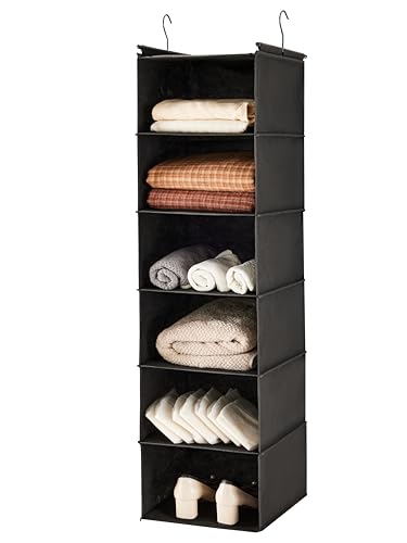 MAX Houser 6 Tier Hanging Closet Organizer with 2 Sturdy Hooks, Black | Dorm Room Essentials with 2 sturdy hooks, foldable lightweight fabric closet storage, space-saving design for Bedroom - color: Black