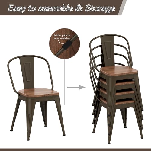 Alunaune 18inch Metal Dining Chair Set of 4 High Back Classic Chic Iron Farmhouse Chairs Industrial Stackable Coffee Stools Bistro Cafe Side Barstools Wood Seat-Rusty - color: Rusty