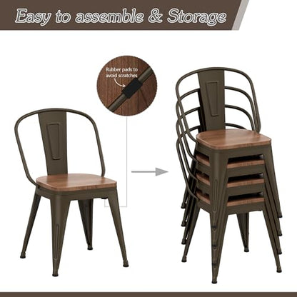 Alunaune 18inch Metal Dining Chair Set of 4 High Back Classic Chic Iron Farmhouse Chairs Industrial Stackable Coffee Stools Bistro Cafe Side Barstools Wood Seat-Rusty - color: Rusty
