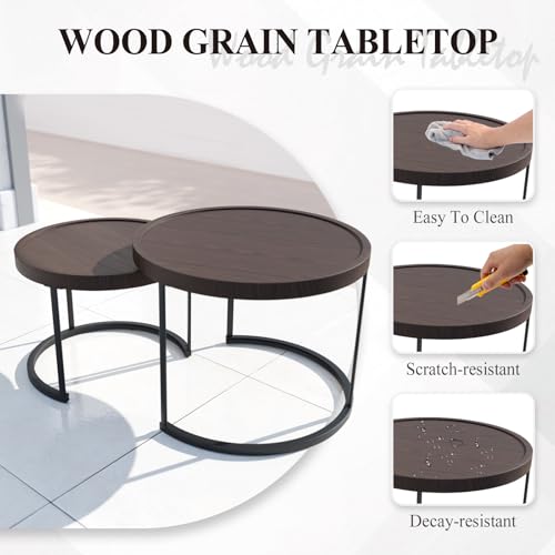Cabana Chic Nesting Tables with Ottomans, Outdoor Round Side Table, Nesting Coffee Table Set, 2 Tables 1 Ottoman, Brown/Blue - color: Brown/Blue