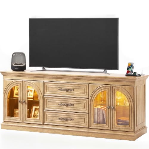 JUMMICO 63 Inch LED TV Stand for Living Room with Fast Charge Station (Oak) | Farmhouse TV Console for 70 Inch TV, 2 Glass Doors Storage Cabinets & 3 Drawers, Wooden Entertainment Center for Living Room - color: Oak, size: TV Stand with Charge Station