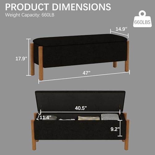 Modern Storage Benches with Walnut Wood Legs, 47'' Ottoman Bench with 20 Gallons Storage Space for Bedroom End of Bed, Fabric Upholstered Entryway Bench with Seating for Livingroom, Black - color: Black