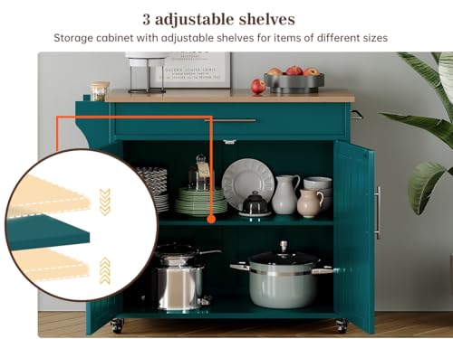 Kitchen Storage Island, Wooden Rolling Kitchen Island On Wheels with Countertop, Mobile Kitchen Island Cart with Towel Rack, Spice Rack and Drawers, Green - color: Green