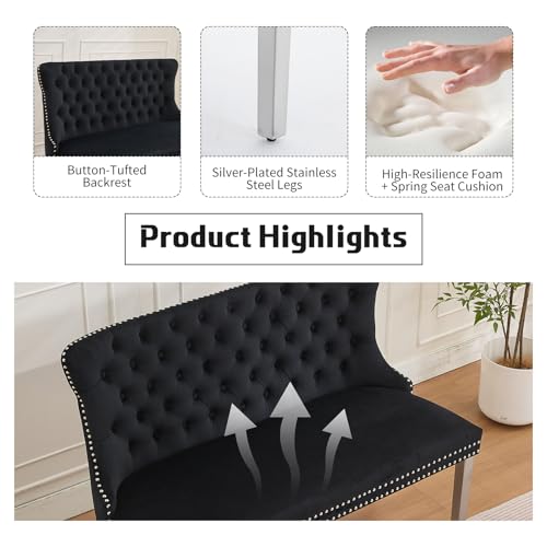 Black Velvet Dining Bench with Back, Tufted Banquette Seating, Silver Legs | Upholstered loveseat bench; tufted back; nailhead trim; 500 lb capacity; foam and spring seat; dining room or entryway - color: Black(silver Stainless Steel Legs)