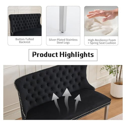 Black Velvet Dining Bench with Back, Tufted Banquette Seating, Silver Legs | Upholstered loveseat bench; tufted back; nailhead trim; 500 lb capacity; foam and spring seat; dining room or entryway - color: Black(silver Stainless Steel Legs)