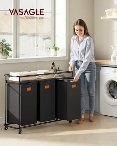 VASAGLE Laundry Sorter, Laundry Hamper with Wheels, 39.6 Gal. (150 L) Portable Rolling Cart Baskets with Shelf, 3 Removable Liners and 6 Labels, Ink Black and Chestnut Brown UBLH103BH01 - size: 3 Bags