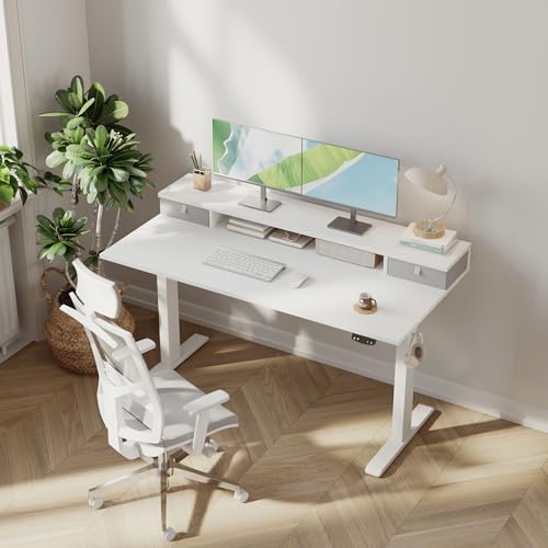 Klicelor 55 x24 Inch Electric Standing Desk with Drawers, Adjustable Height Small Sit Stand Desk for Home Office, Compact Computer Workstation with Storage– White - color: White, size: 55 x 24 Inch