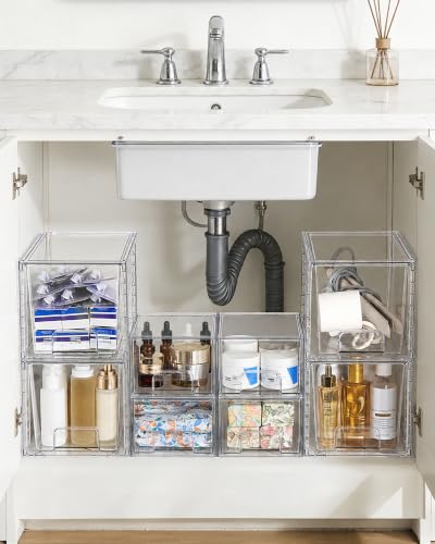 Vtopmart 8 Pack Clear Pull-Out Under Sink Organizer Set (4 Large & 4 Small) | Stackable Storage Drawers, Designed to Fit Bathroom & Kitchen, Under-Sink Organization
