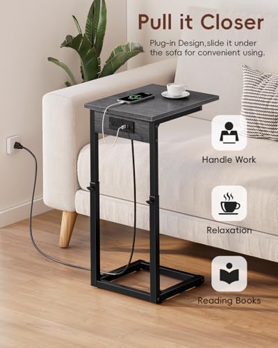 C Shaped End Table with Charging Station, 33" Tall Side Table for Couch, Adjustable Height C Table End Table, Couch Table Slide Under Sofa Table TV Tray Table for Living Room, Gray Walnut - color: Gray Walnut, style: Charging Station