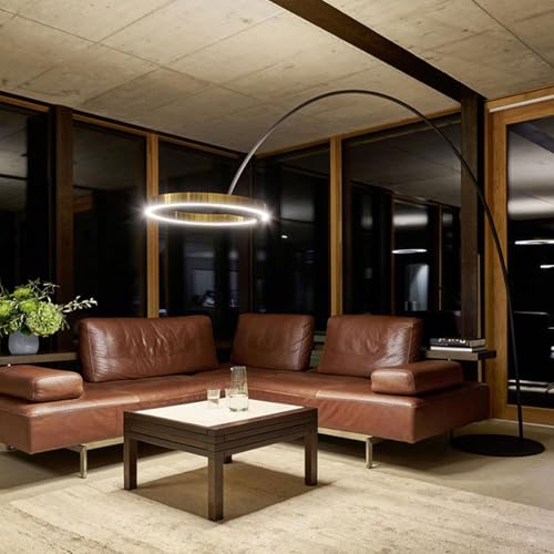 Modern Iron Arc Floor Lamp with LED Ring Shade - Nordic Dimmable Standing Lamp - Height Adjustable Vertical Lamp with Marble Base