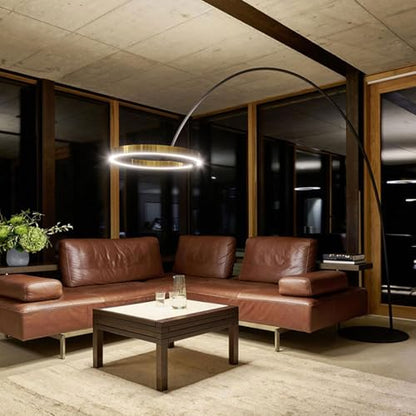 Modern Iron Arc Floor Lamp with LED Ring Shade - Nordic Dimmable Standing Lamp - Height Adjustable Vertical Lamp with Marble Base