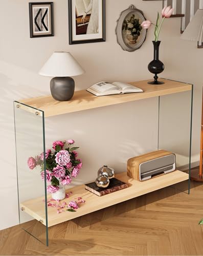 Console Table 2-Tier: 47.2 in Wide Rectangle Wood Shelf Glass Sides | Modern Desk Console Sofa Table Stand for Entryway - size: 47.2“W x 11.8"D x 30"H